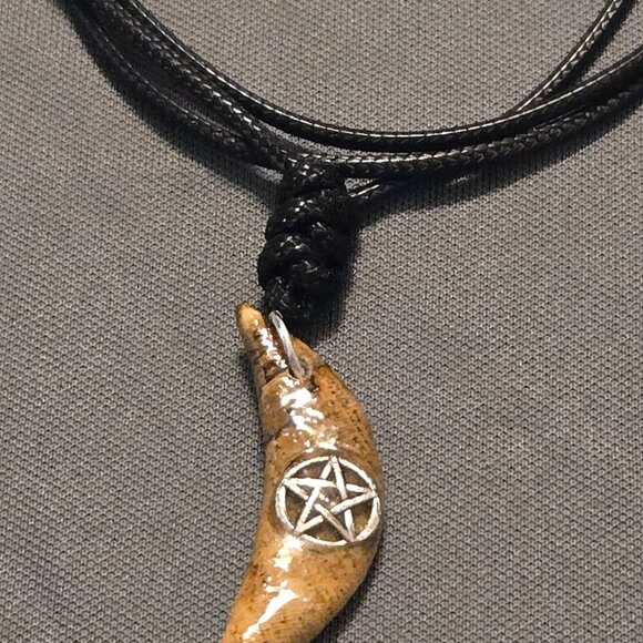 Hand Carved Wood Crescent Moon Pendant Blue with Our Lady of Guadalupe Medallion - Picture 7 of 8